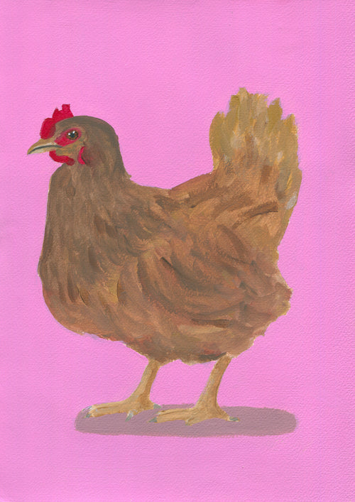 Painting of a rooster on a pink background
