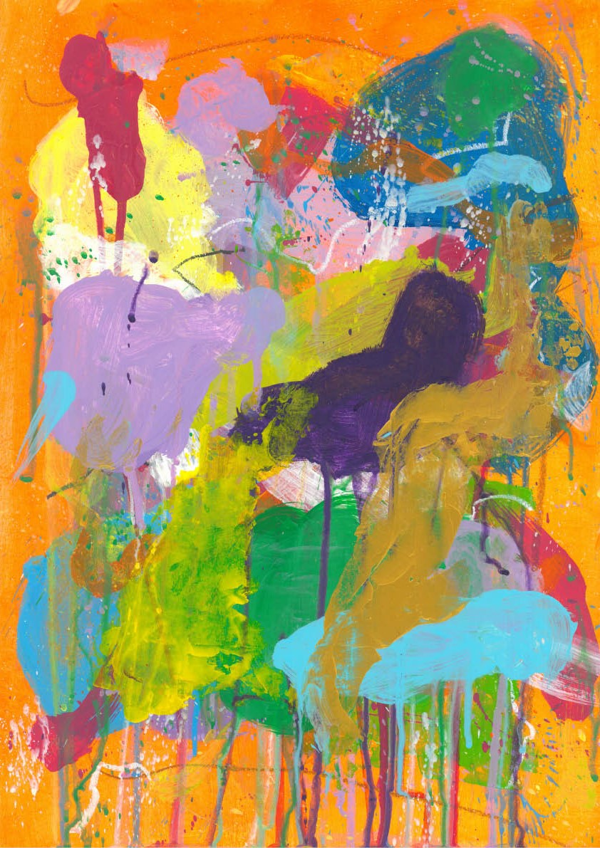 Abstrakter orangefarbener Kunstdruck mit dynamischen Formen und intensiven Emotionen von Milena Zivkovic.