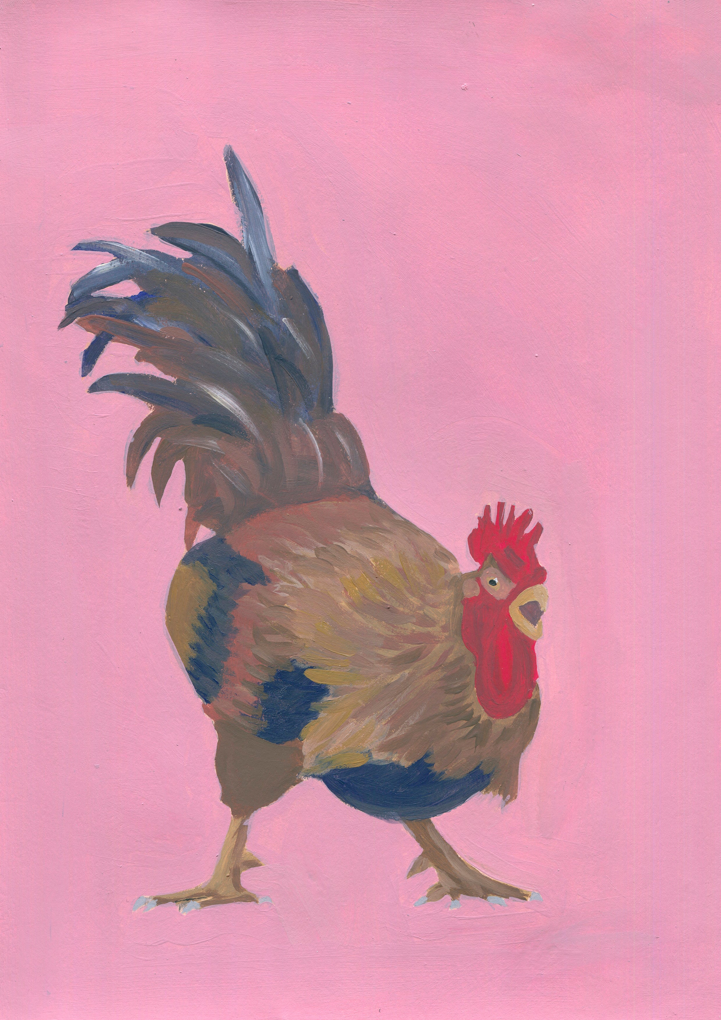 Painting of a rooster on a pink background